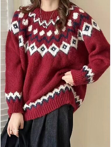  Damen Pullover Brautkleider schlicht Weich Geometrisch Paisley-Muster Gerippt Rundhalsausschnitt Strick Langarm Normale Oberteile Stricken Outdoor Täglich Wochenende Rote Blau Herbst Winter