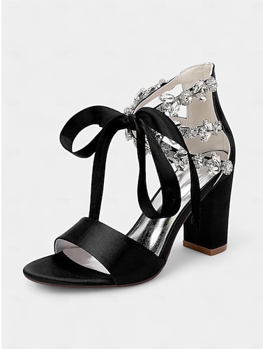  Sandales à talons carrés et bout ouvert ornées de cristaux en satin beige - Chaussures pour femmes pour mariage et cocktail
