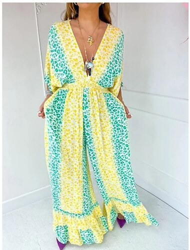  Damen Maxidress Casual kleid Schaukelkleid A Linie Kleid Brautkleider schlicht Täglich Regular Fit Leopard Halbe Ärmel V Ausschnitt Gelb Rosa Grün Sommer Frühling Herbst