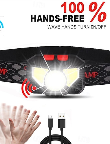  Linterna frontal de 1200 lúmenes, ultraligera, brillante, LED, recargable, con luz blanca y roja, paquete de 2, impermeable, sensor de movimiento, lámpara frontal, 8 modos para acampar al aire libre,