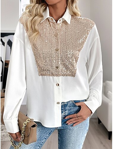  Damen Hemd Feste Farbe Elegant damas Langarm Hemdkragen Normale Oberteile Täglich Pailletten Patchwork Knopf Weiß Frühling Herbst