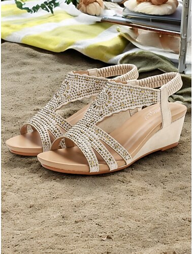  Women's Bohemian Rhinestone Wedge Sandals – Sparkly Elastic Strap Open-Toe Shoes for Summer, Beach, Casual & Evening Wear
