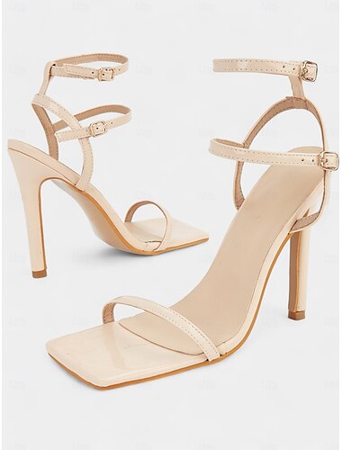  Sandalias de tacón alto con tiras en color nude para mujer con punta cuadrada y diseño de doble hebilla: elegantes tacones de aguja para bodas, fiestas y eventos formales