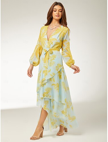  Strandhochzeit A-Linie Partykleider Blumenkleid Hochzeitsgast Ferien bodenlang Langarm V-Ausschnitt mit Print Strappy Hochzeitsgastkleid 2025