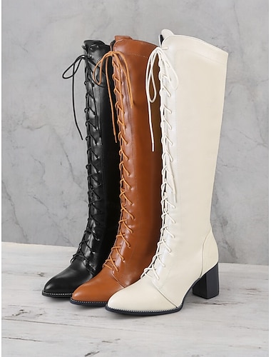  bottes à lacets élégantes en similicuir marron pour femmes avec talon bloc | parfaites pour l'automne et l'hiver