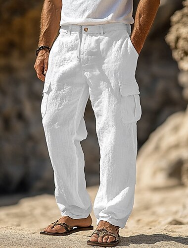  Voor heren Linnen broek Broek Zomerbroek Meerdere zakken Recht been Effen Comfort Ademend Volledige lengte Buiten Dagelijks Uitgaan Modieus Streetwear Zwart Wit