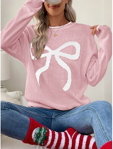  Damenpullover mit Valentinstagsmotiv, rosa, lässig, weich, grafisch, gerippt, Rundhalsausschnitt, gestrickt, langärmelig, normale Oberteile, Strick, Outdoor, Alltag, Wochenende, schwarz, weiß,