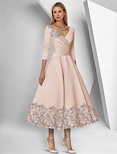  A-Linie Kleid Strandhochzeit Brautmutterkleid Elegant Einfach V-Ausschnitt Knöchellänge Tee-Länge Satin 3/4-Länge Ärmel mit Spitze geraffte Pailletten Derby Kleid Renntag Kleid 2025