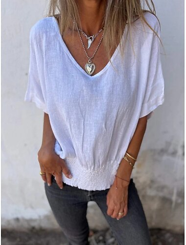  Damen Hemd Bluse Feste Farbe Basic Brautkleider schlicht Kurzarm V Ausschnitt Normale Oberteile Täglich Schwarz Weiß Braun Beige Sommer