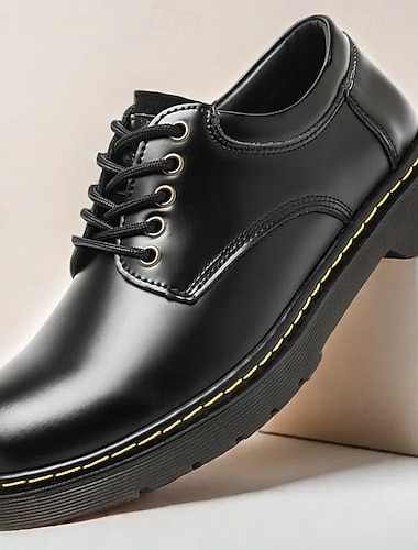  chaussures à lacets en similicuir noir pour hommes avec coutures jaunes, baskets décontractées durables pour le travail et le quotidien