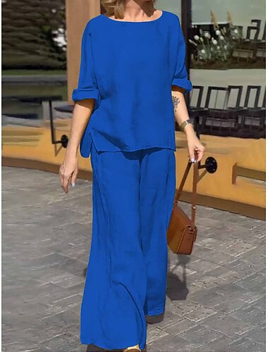  Per donna Di tendenza Streetwear Giornaliero Camicia Blusa Pantaloni a gamba larga Manica lunga Girocollo Liscio Informale Giornaliero Giallo Blu Verde Primavera & Autunno Standard
