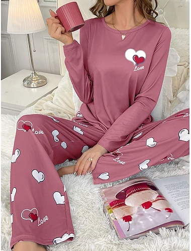  Dam Pyjamas set Ledigt Komfort Comfrt Hjärta T-shirt Byxa Hem Långärmad Rund hals Rodnande Rosa Vår Höst Vinter