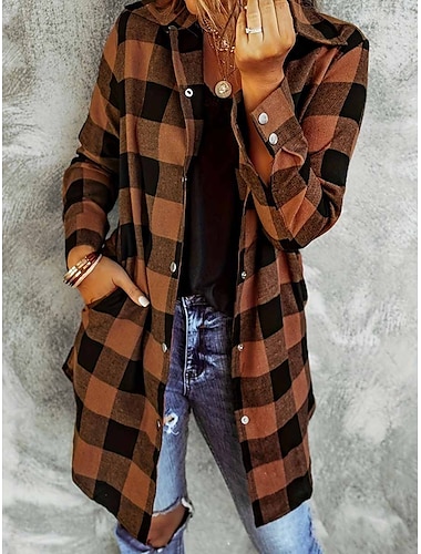  Damen Freizeitjacke Outdoor Strasse Täglich Herbst Winter Lang Mantel Regular Fit warm halten Atmungsaktiv Zeitgenössisch Stilvoll Jacken Langarm Streifen und Plaid Mit Taschen Bedruckt Weiß Rote