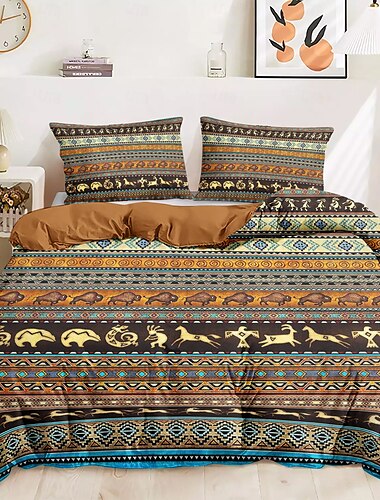  Bettbezug-Set im Bohème-Stil mit Tiermotiven, 100 % Baumwolle, weicher, atmungsaktiver Stoff, Bettbezug und Kissenbezüge mit Bohème-Tiermotiven, hypoallergen, hautfreundlich, langlebig, farbecht, perfekt für Bohème-Schlafzimmer