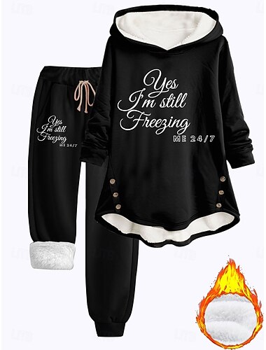  Kvinders 2 dele fluffy pyjamas sæt langærmet top og bukser tekst print komfort casual hjemmewear drawstring solid hyggelig vinter