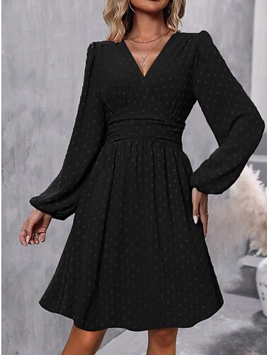  Robe casual Robe Trapèze Robe unie Femme Mini robe Ruché Sport & Loisir Plein Air Décontractées Col V manche longue Standard Noir Vin Vert Véronèse S M L XL 2XL
