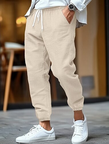  Herren Leinenhose Hose Hosen Sommerhosen Elastische Taille Gerade geschnitten Höhenanstieg Feste Farbe Komfort Atmungsaktiv In voller Länge Geschäft Geschäftlich Schwarz Weiß Unelastisch