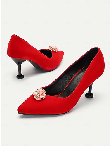  Elegante rote Wildleder-Pumps für Damen mit Blumenverzierung, rote Wildleder-Pumps mit Kitten Heels, spitze Stilettos, Hochzeitsschuhe, Partyschuhe