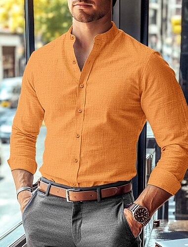 男性用 シャツ バンドカラーシャツ サマーシャツ ドレスシャツ ボタンアップシャツ 純色 ワーク 仕事に着る ブラック ホワイト ピンク ブルー 長袖 カラー 衣類