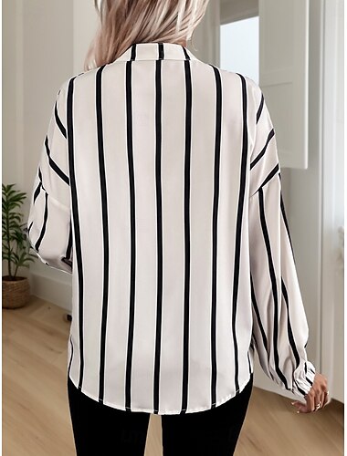  Damen Hemd Bluse Gestreift Brautkleider schlicht Langarm Hemdkragen Normale Oberteile Täglich Knopf Bedruckt Beige Herbst Winter