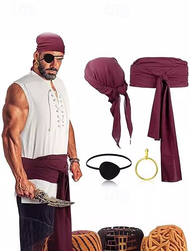  Retro Antiguo Medieval Renacimiento Tocados Cinturón Camisas Pirata Vikingo Color sólido Disfraz Hombre Pirata Víspera de Todos los Santos Carnaval Mascarada Rendimiento Mascarada LARP Adulto Camisas
