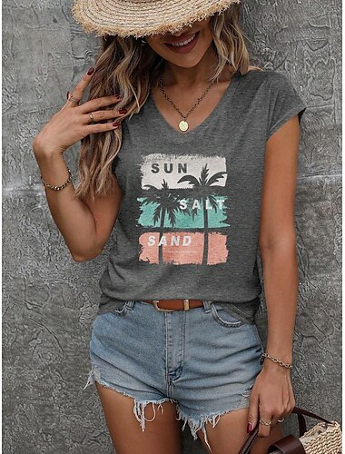  Damen Top Camisole Buchstaben Lässig Kurzarm V-Ausschnitt Reguläre Tops Arbeit Alltag Print Grau Frühling Herbst Winter