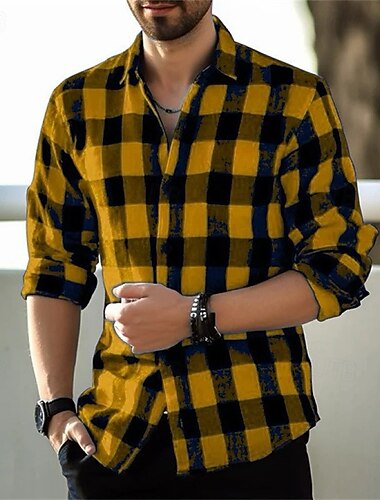  Herre Ternet skjorte Button Up skjorte Ternet skjorter Sort Gul Rød Lilla Mørkeblå Langærmet Ternet Knaphul Ferierejse Afslappet Spænde Tøj Polyester Mode