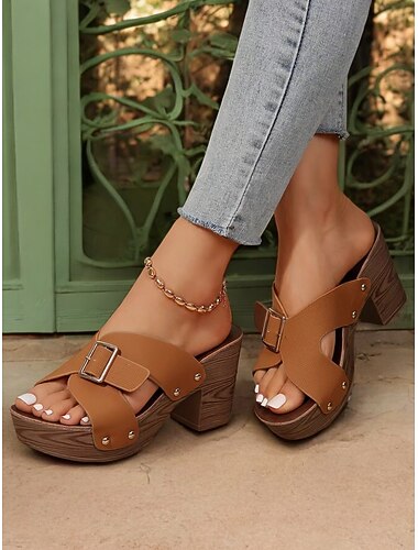  Zwarte platform sandalen voor dames met gespdetail en blokhak met houtnerfmotief, stijlvolle zomerschoenen voor casual en feestelijke gelegenheden