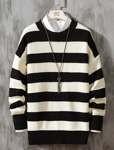  Homme Pull Pull en tricot A côtes Tricoter Hauts réguliers Tricoté marinière Col Ras du Cou Mode basique Vacances Usage quotidien Vêtement Tenue Automne hiver Blanche Bleu M L XL