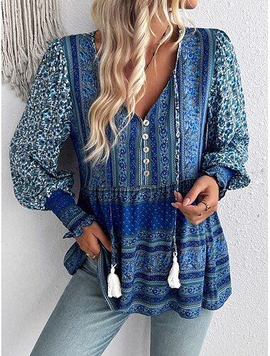  Per donna Camicia Blusa Floreale Boemia Informale Manica lunga A V Top regolari Giornaliero Stampa Blu Fucsia Primavera Autunno