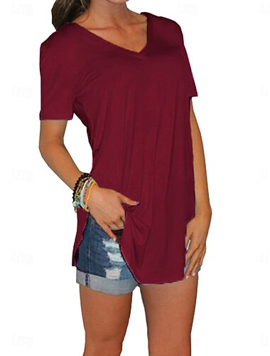  Dames T-shirt Effen Kleur Casual Korte mouw V-hals Normale tops Dagelijks Uitgaan Lapwerk Wit Rood Zomer
