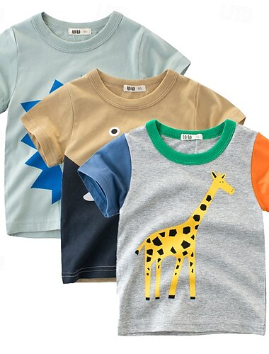  Multipack 3st Pojkar Rund hals Kort ärm Grå+Gul+Grön T-shirt T-tröja Mönster Grafisk Semester Dagliga kläder 100 % bomull Vår & sommar