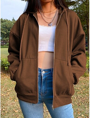  Damen Hoodie Jacke Windundurchlässig warm halten Patchwork Tasche Outdoor Brautkleider schlicht Feste Farbe Outdoor Strasse Standard Kapuzenpullover Regular Fit Langarm Oberbekleidung Braun Grün Grau
