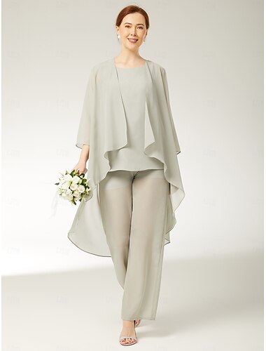 Jumpsuits 3 Delen Moeder van de Bruid  Strand Huwelijk Elegante Wrap Inclusief Bateau Hals Vloerlengte Chiffon Mouwloos Jasje met Effen Kleur 2025