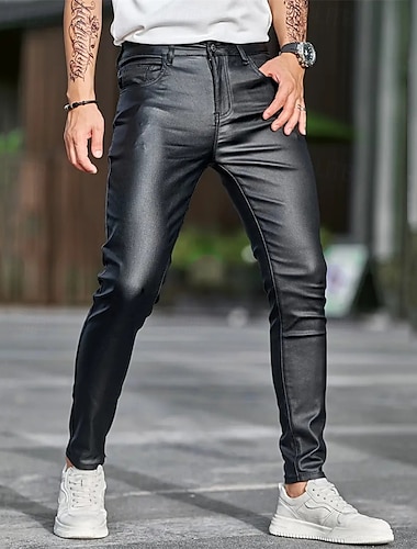  Homme Pantalon fuselé Pantalon Pantalon en cuir Boutons Poche Plein Confort Extérieur du quotidien Mode Décontractées Noir Micro-élastique