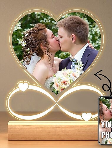  Marco de fotos iluminado personalizado con forma de corazón, lámpara de noche de San Valentín alimentada por USB, perfecta para los amantes del día de San Valentín, regalos de aniversario, cumpleaños, novios y novias