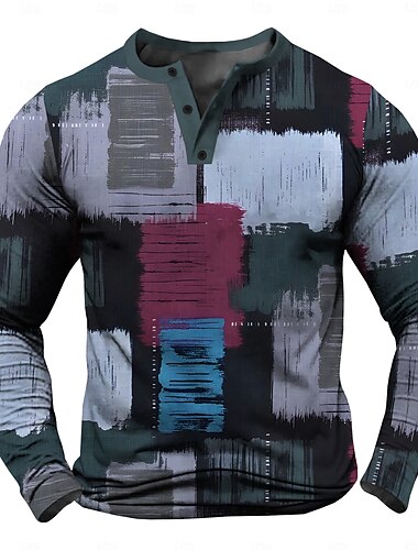  Herren Graphic Patchwork Geometrisch Henley Shirt Tee Vintage-Shirt Langarm Modisch Designer Komfortabel Outdoor Casual Täglich Frühling & Herbst Schwarz Grün Grau Henley Henley T-Shirt