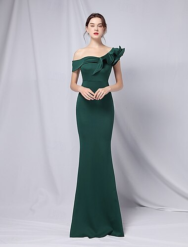  Robe de soirée sirène  trompette robe élégante formelle mariage longueur de sol manches 3/4 une épaule crêpe extensible avec volants 2025