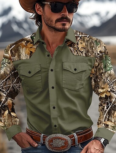  Herren Farbblock camuflaje Westernhemd Cowboy-Shirt Langarm Western Brautkleider schlicht Normal Frühling Herbst Umlegekragen 2 Taschen Braun Grün Beige Grau