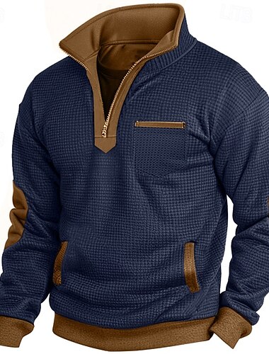  Hombre Sudadera con estampado de gofres Sudadera con cremallera Pull-over Negro Azul Marino Media cremallera Plano Bolsillo Trabajo Deporte Casual Poliéster Activo Vintage Fresco Primavera Otoño Ropa