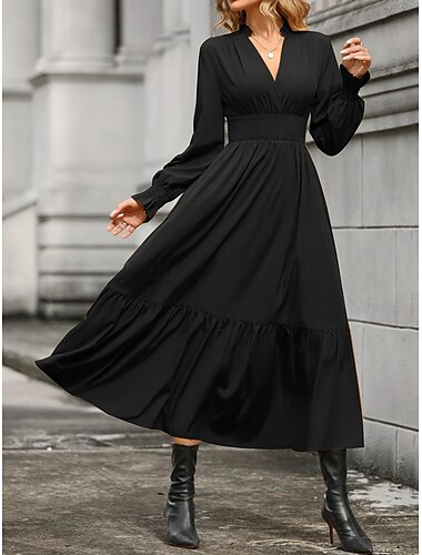  Damen Casual kleid Midikleid Rüsche Brautkleider schlicht V Ausschnitt Langarm Schwarz Wein Khaki Farbe