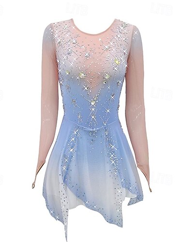  Eiskunstlaufkleid Damen Mädchen Eislaufen Kleid Himmelblau Daumenloch Asymmetrischer Saum Netzstoff Hohe Elastizität Training Wettbewerb Eiskunstlaufkleidung Klassisch Kristall / Strass Langarm