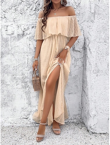  Damen Casual kleid Maxidress Rüsche Brautkleider schlicht Schulterfrei Langarm Rosa Grün Aprikose Farbe