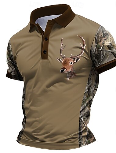  Herren Hirsch Polo Kurzarm Polo-Shirts Hemden mit Kragen Lässig Schule Outdoor Alltagskleidung Hauskleidung 3D-Druck Sommer Frühling Herbst Schwarz Braun Grau