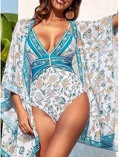 Femme Maillots de Bain Une pièce 2 pièces Monokini Envelopper Maillot de bain Dos Nu Contrôle du Ventre Taille haute Mince Vacances Tenues de plage Floral Col V Sans Manches Maillots de bain