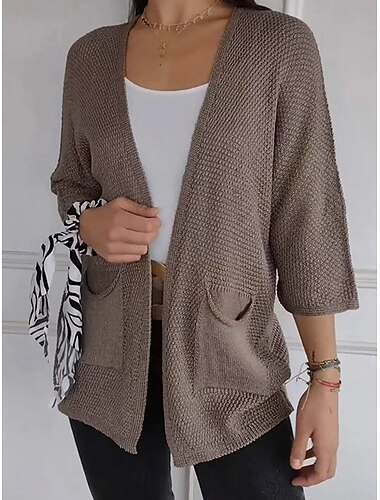  Damen Pullover Strickjacke Elegant Modisch Strassenmode Einfarbig V Ausschnitt Tasche Strick Langarm Normale Oberteile Stricken Outdoor Täglich Wochenende Schwarz Weiß Herbst Winter