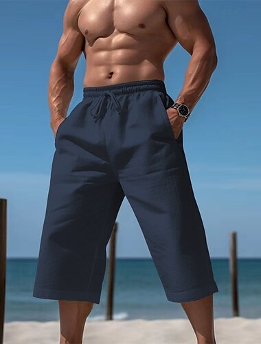  Herren Shorts Kurze Hosen Leinenshorts Kurze Hosen Strandshorts Kurze Hosen Caprihose Kordelzug Elastische Taille Glatt Komfort Atmungsaktiv Wadenlänge Outdoor Täglich Festtage Urlaub Brautkleider