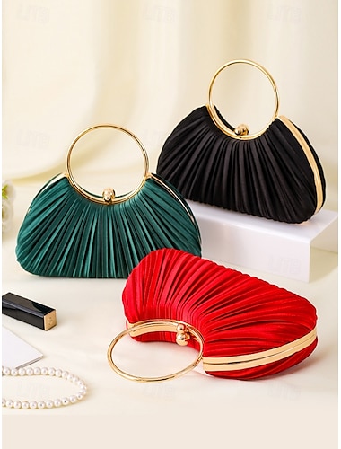  Elegante bolso de mano de terciopelo plisado verde con asa de anilla dorada: bolso de noche para mujer, perfecto para bodas, fiestas y eventos formales