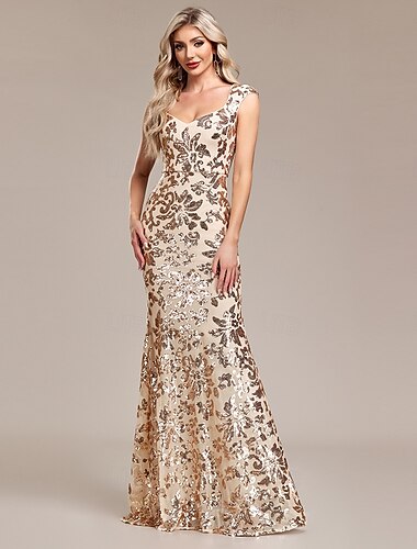  Meerjungfrau/Trompete Abendkleid Glitzerkleid Hochzeitsgast Abend Party Bodenlang Ärmellos V-Ausschnitt Pailletten mit Pailletten 2025