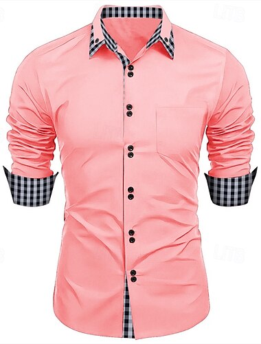  Homens Camisa Social Saia camisa de botão Xadrez Casamento Festa Preto Branco Rosa Vinho Manga Longa Lapela Primavera & Outono Roupa Patchwork